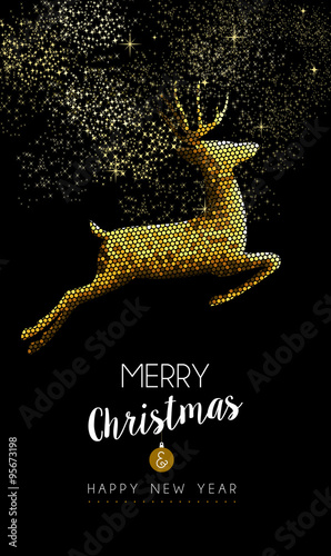 Merry christmas new year deer jumping gold mosaic