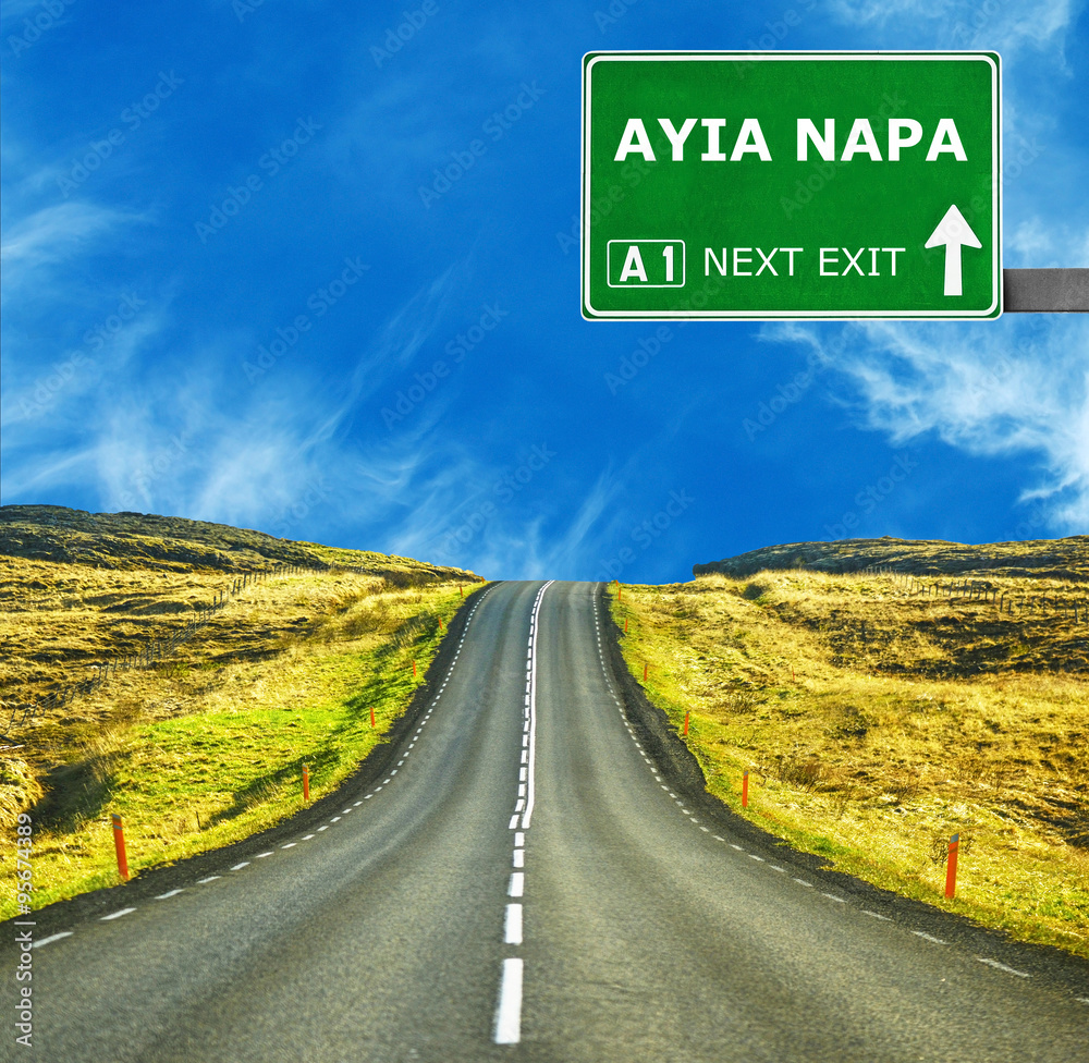 AYIA NAPA road sign against clear blue sky
