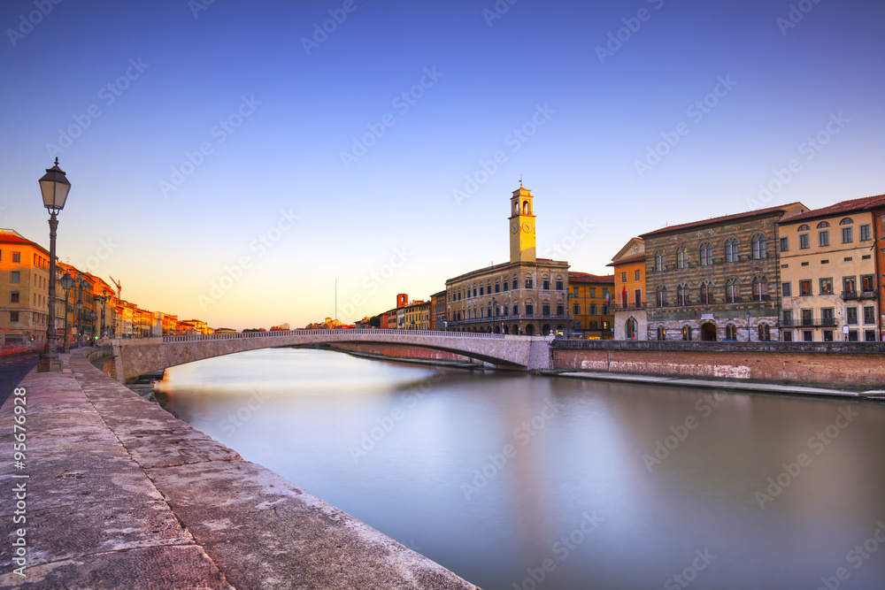 Pisa, Arno river, Ponte di Mezzo bridge. Lungarno view. Tuscany, - obrazy, fototapety, plakaty 