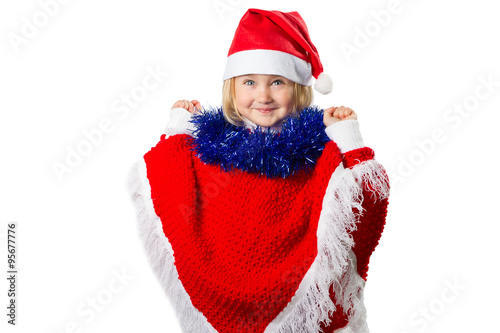  little girl in a hat Santa Claus on white background.