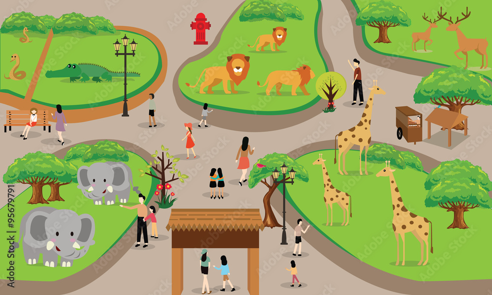 zoo cartoon people family with animals scene vector illustration background from top landscape - obrazy, fototapety, plakaty 