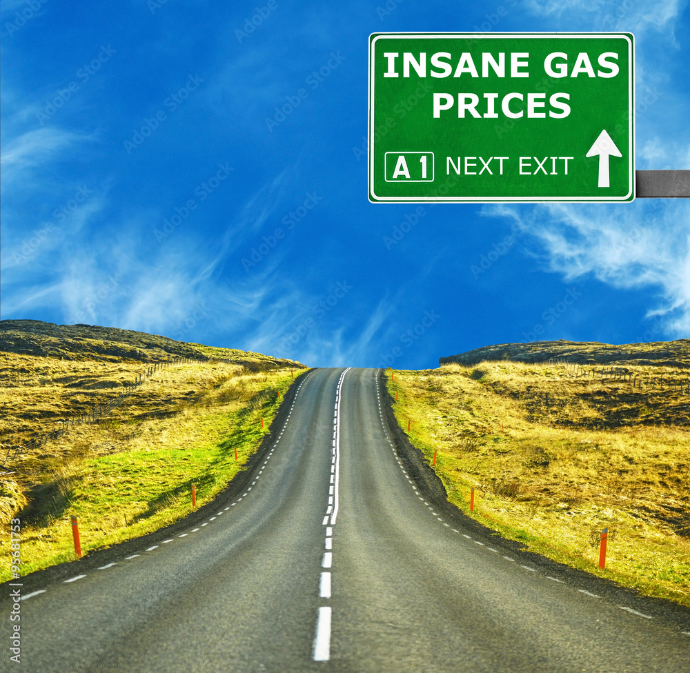 INSANE GAS PRICES road sign against clear blue sky