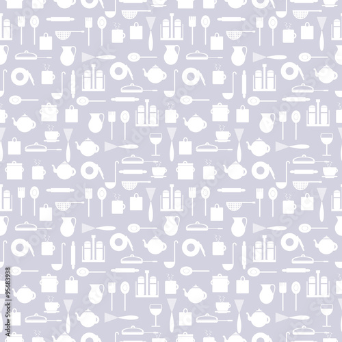 Seamless vector pattern with elements of kitchen utensils white over grey background