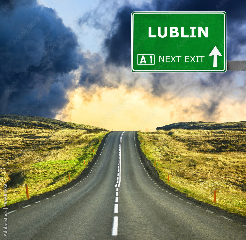 LUBLIN road sign against clear blue sky