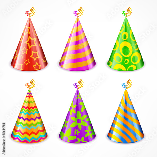 Set of colorful party hats with decorations on white, 
