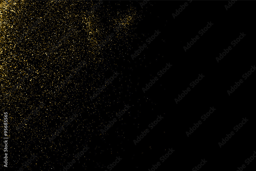 Gold glitter texture on a black background. Holiday background. Golden explosion of confetti. Golden grainy abstract  texture on a black  background. Design element. Vector illustration,eps 10.