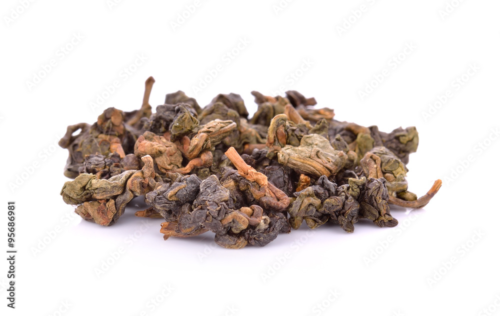 Heap of dried green tea on white background Heap of dried green tea on white background