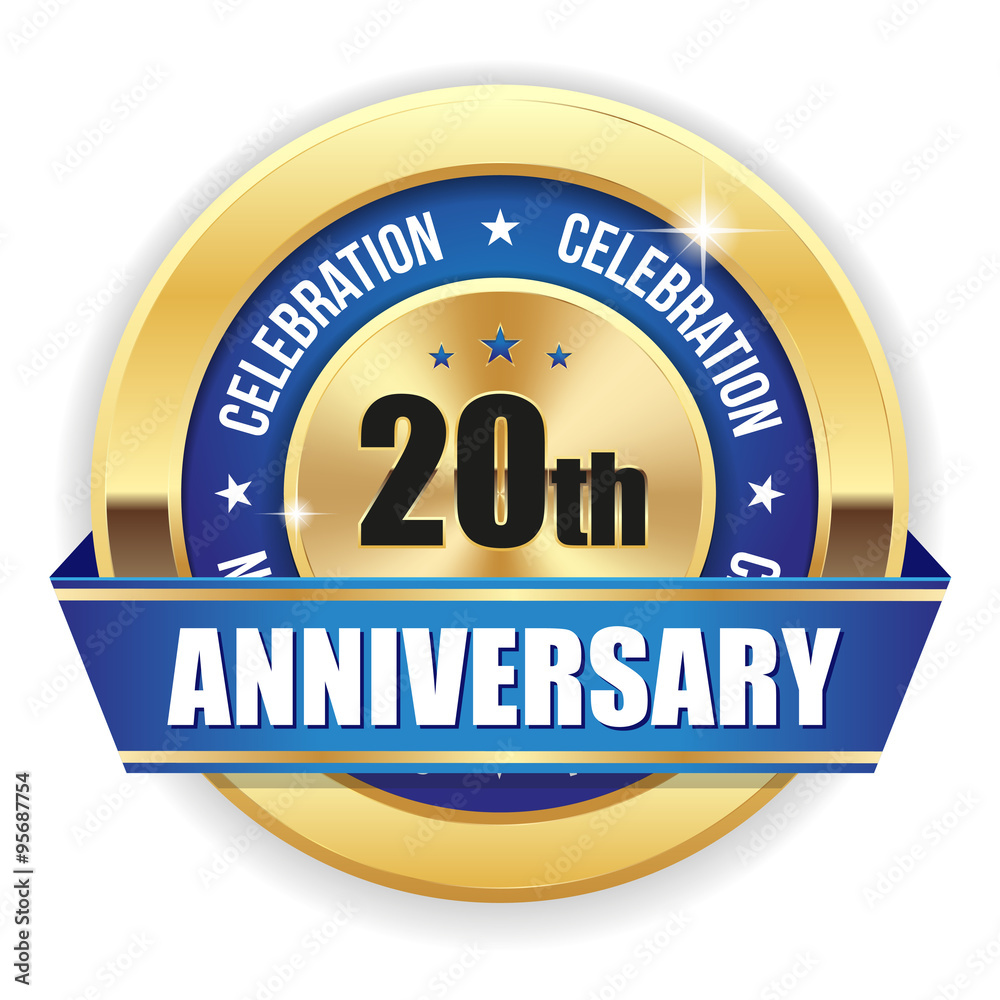 Gold 20th anniversary badge with blue ribbon on white background