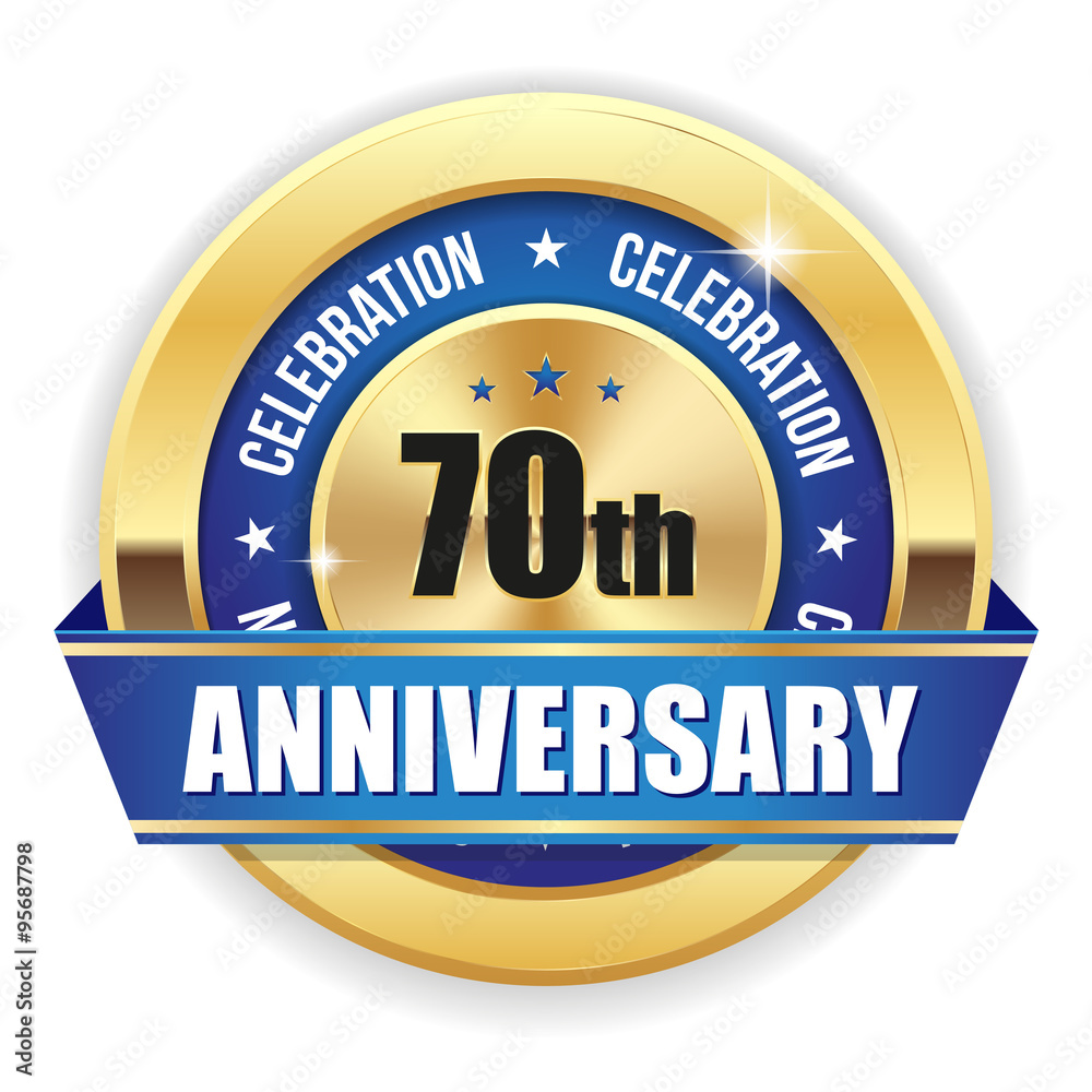 Gold 70th anniversary badge with blue ribbon on white background