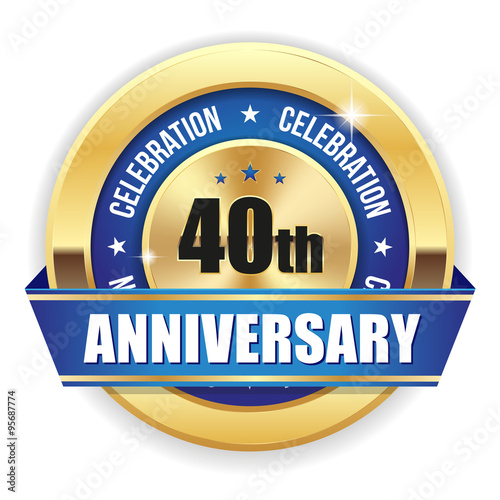 Gold 40th anniversary badge with blue ribbon on white background