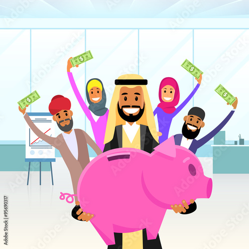 Business People Arab Team Hold Piggy Bank Put Money Savings Arabic