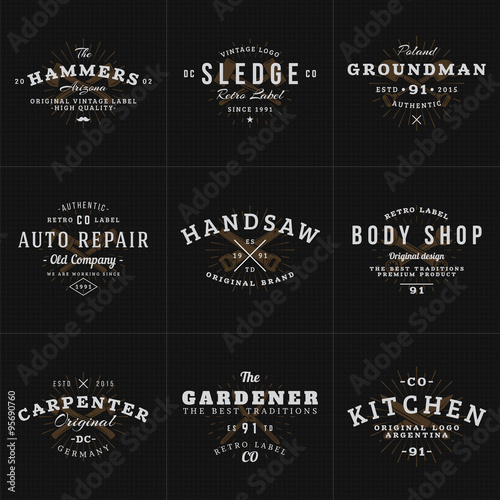 Set of Hipster Vintage Labels, Logotypes, Badges for Your Business. Knife, Axe, Hammer, Wrench. Vector Illustration on Dark Textured Background