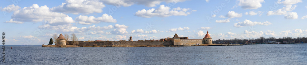 Stitched Panorama, Oreshek fortress, Swedish Noteburg, ancient Russian fortress on island, Neva river, town Shlisselburg in Leningrad region, was Founded in 1323, XVIII political prison, UNESCO world.