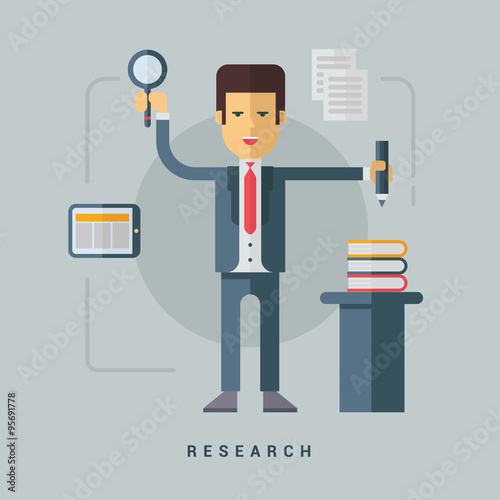 Businessman Looking with Magnifying Glass. Business Concept for Recruiting and Researches. Cartoon Male Character. Flat Style Vector Illustration