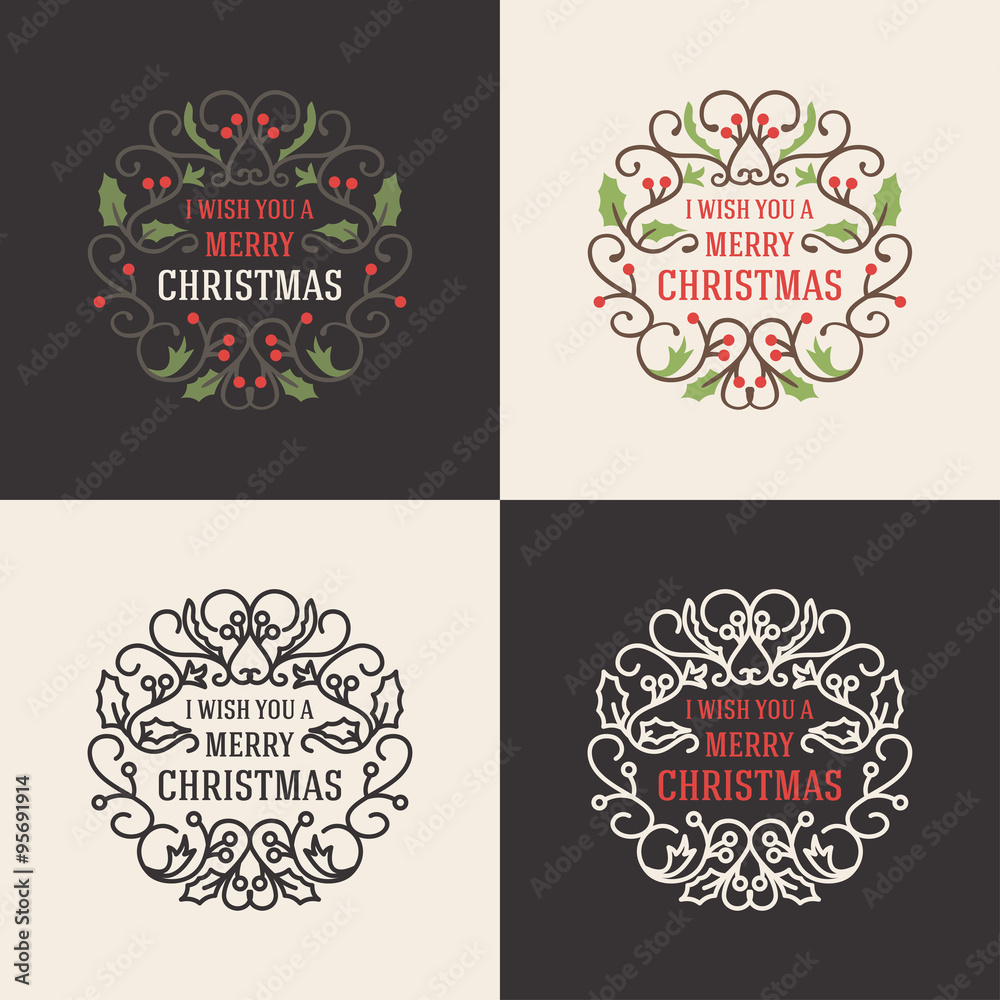 Fototapeta premium Set of Christmas Floral Decorative Greetings with Mistletoe Branch, Berries and Typographic Design Elements. Hand Drawn Vector Illustration