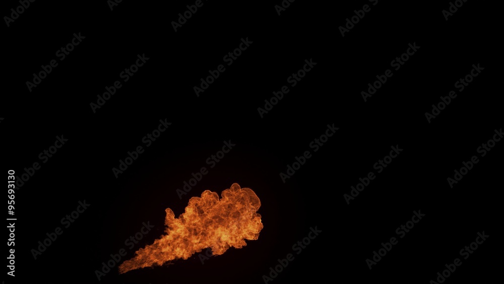 Gas fire emitter from left to right in slow motion with particules with burn up and extinguish, perfect for film, digital composition, seamlesly looped.