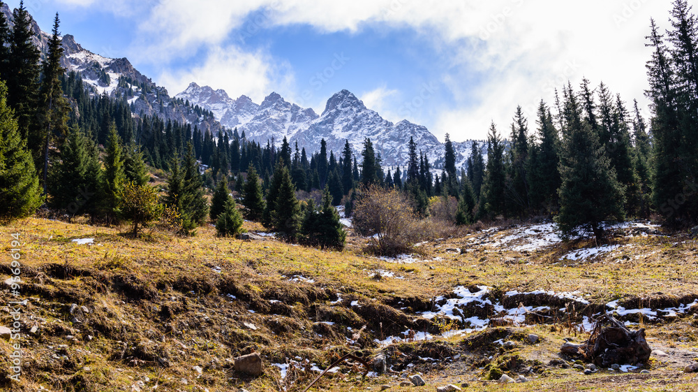 Fototapeta premium Picturesque mountains covered with snow, Chimbulak, Almaty, Kazakhstan.