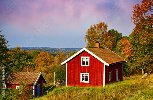old red cottage in a rural landscape, Sweden