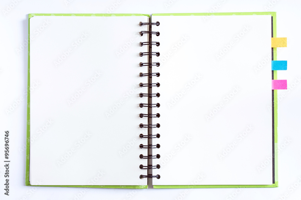 opened notebook with blank paper pages and color bookmarks opened notebook with blank paper pages and color bookmarks