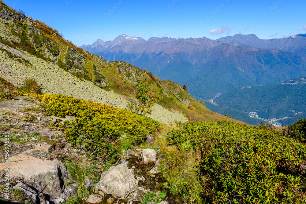 Scenic Caucasus mountains in autumn, Krasnaya Polyana, Sochi, Russia.