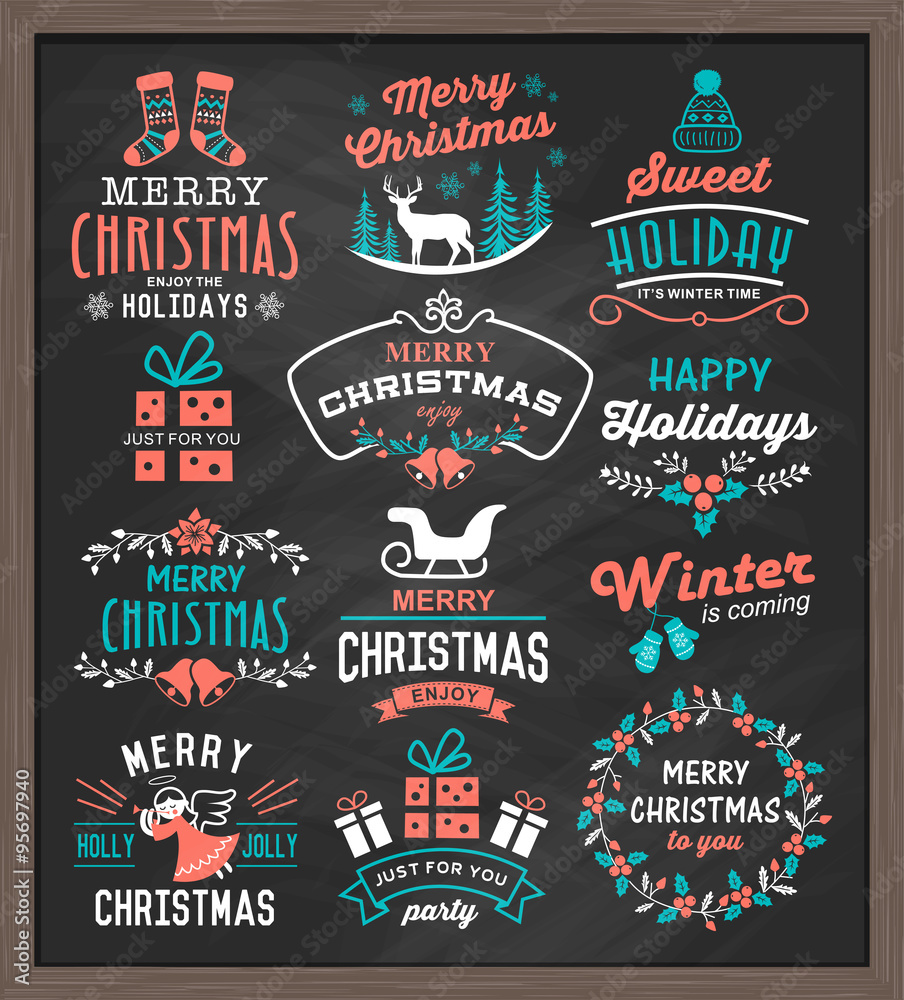 Christmas vintage design elements, logos, badges, labels, icons, decoration and objects set.