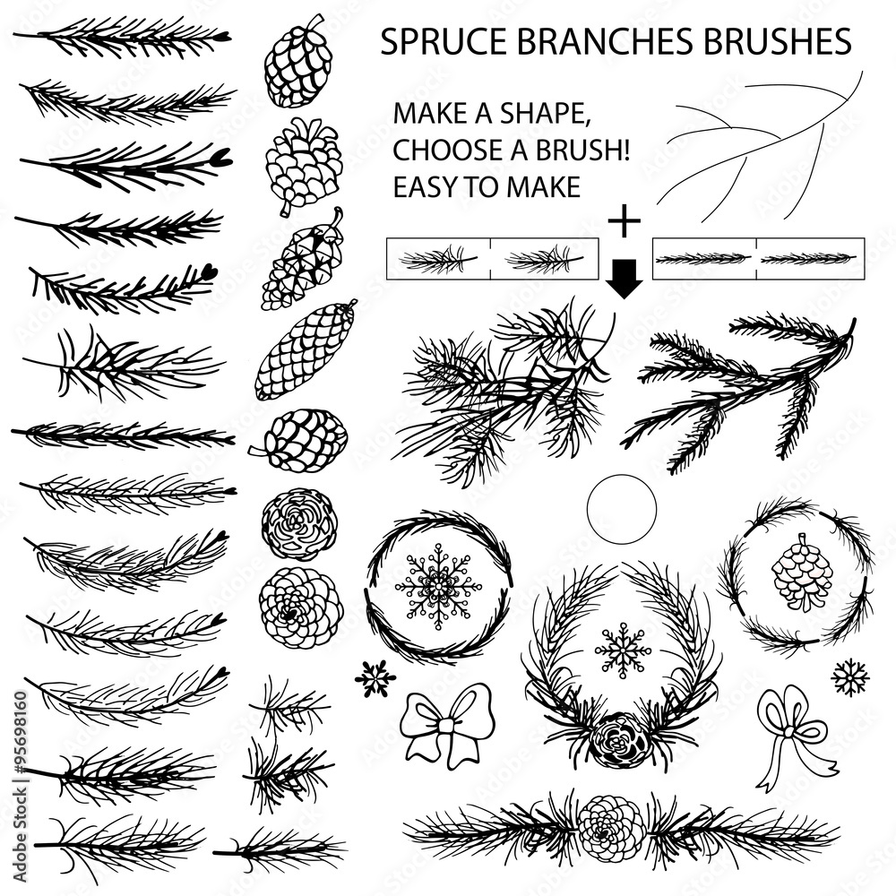 Spruce branches brushes,Pine cones,bow silhouette set