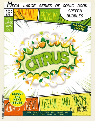 Citrus. Colorful explosion with fruit, splashes and clouds of smoke with caption in comic style .. 3D realistic pop art speech bubble