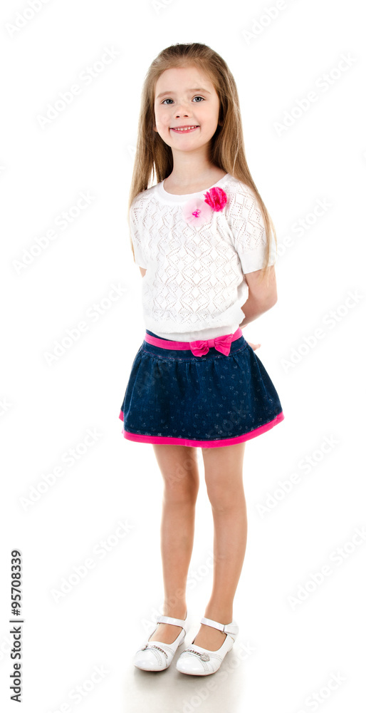 Fototapeta premium Smiling adorable little girl in skirt isolated