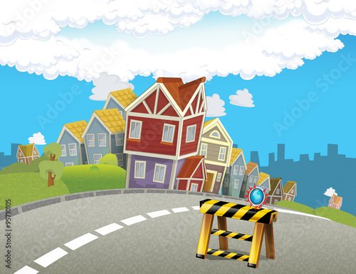 Cartoon scene of a city street - with road block - stage good for book or game - illustration for children © honeyflavour