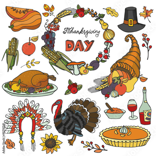 Thanksgiving day doodle icons,wreath.Colorful set