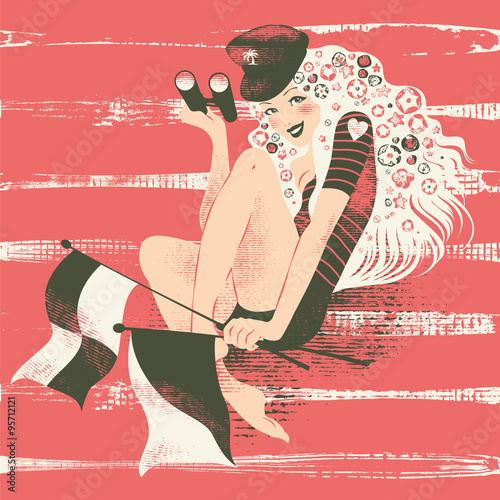 Illustration of a pin up sailor girl with one telescope and two marine flags