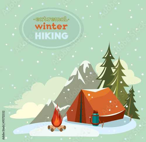 Winter extremal hiking. Red tent and snow.