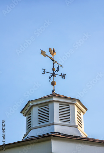 Rooster weather vane on a rooftop with an arrow and North-South