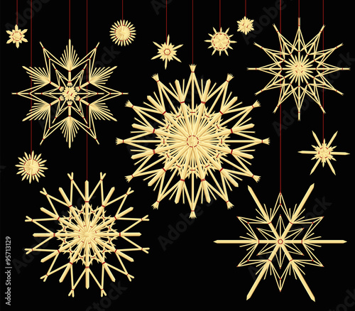 Straw stars - old fashioned christmas tree decoration. Isolated vector illustration on black background.