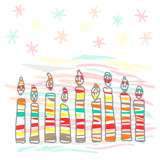 Sketch nine candles, snowflakes and stars. Light background for winter holiday, gentle shades