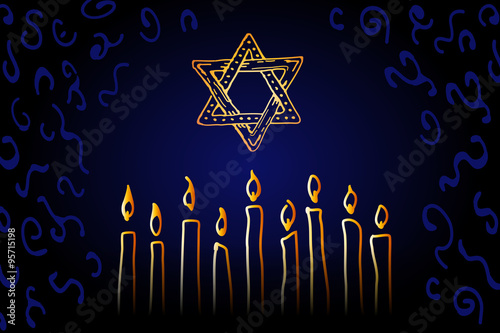 Nine Candles and Star of David on a dark background - sketch illustration for Hanukkah Chanukah. Greeting card for traditional jewish holiday. 
