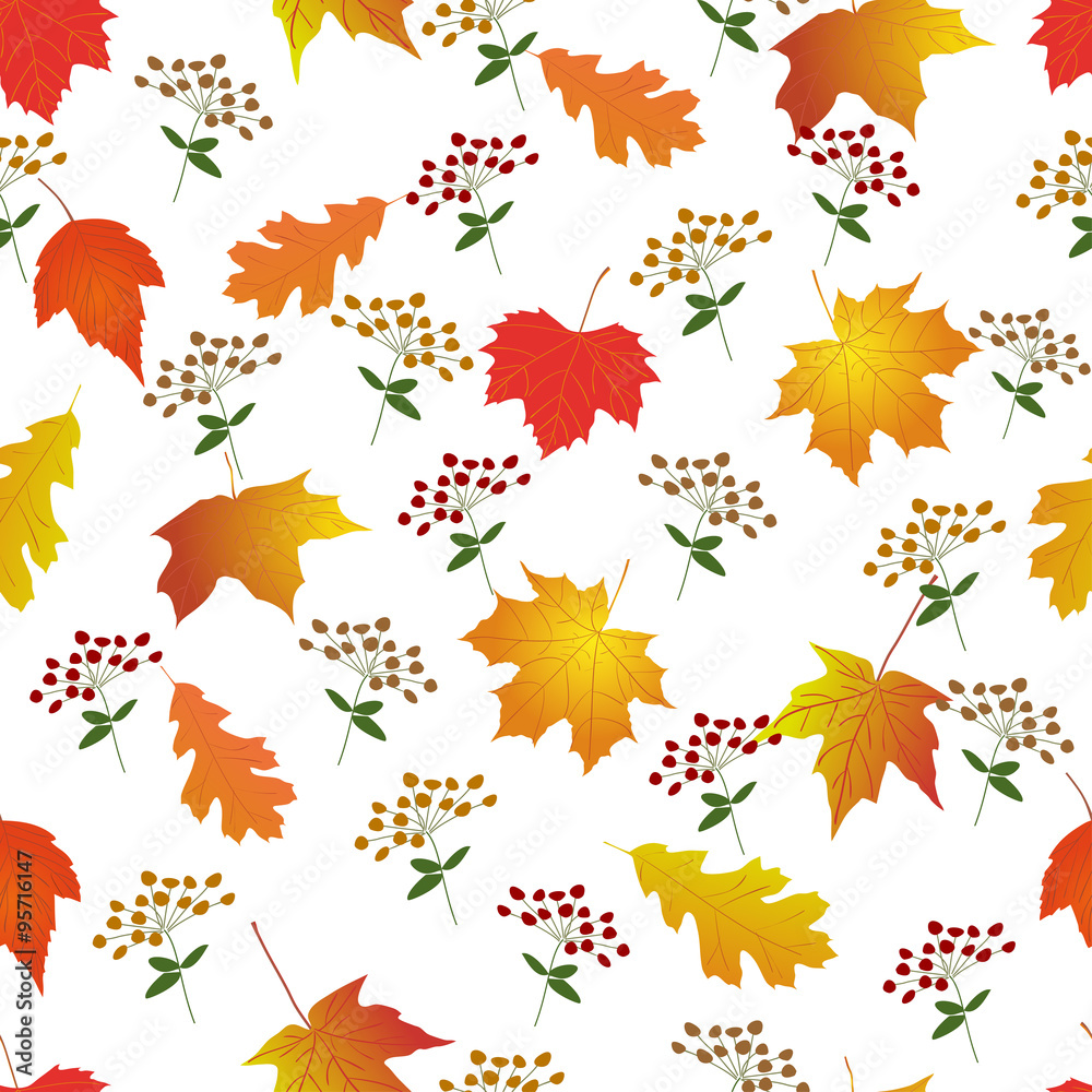Repeating pattern with autumn leaves bright colors.
