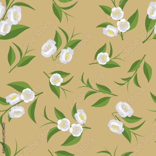 Seamless texture with leaves and flowers of tea. Camellia flowers.