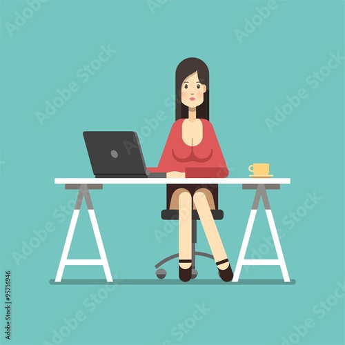Business woman working in office. Character design. Vector illustration, flat style.
