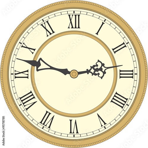 Vector image of a round, old clock with Roman numerals.