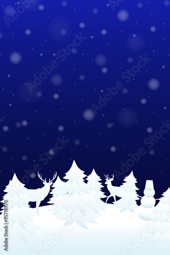Merry Christmas and Happy new year card. Blue background with falling snow. Vector illustration.