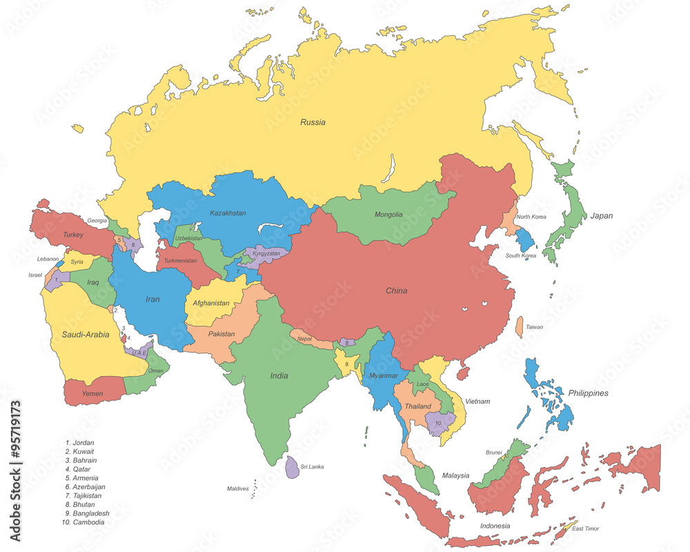 Polwysep Azja Mniejsza Na Mapie Obraz mapa polityczna Azji - wektor #95719173 - Mapy - Obrazy na płótnie | ecowall24.pl