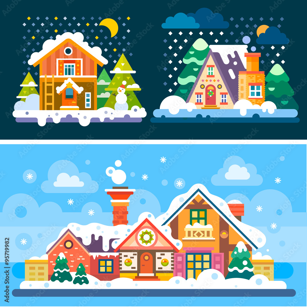 Winter is coming! So here're some nice winter day and night landscapes. Stock flat vector illustration set.