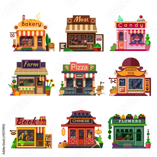 Set of nice shops. Different Showcases: bakery, meat shop, candy store, farm products, pizza cafe, coffee, barbershop, bookstore, chinese shop, flower shop. Flat vector illustration stock set.