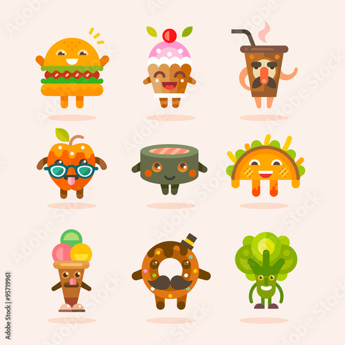 Nice and funny animated food set. Fast food: Burger, cupcake, coffee, candy apple, sushi, burrito, ice-cream, donut, healthy broccoli. Flat stock vector illustration set.