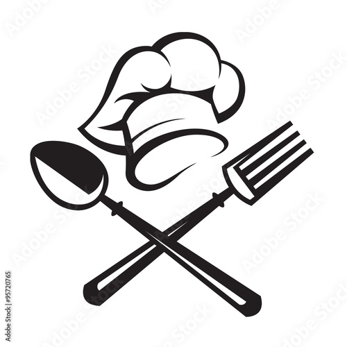 black illustration of spoon, fork and chef hat