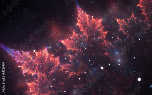 Abstract fractal, decorative sparkling violet-orange branch with soft blur on dark cosmic background