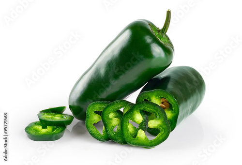 Green chilies (jalapeno) isolated on white background. photo