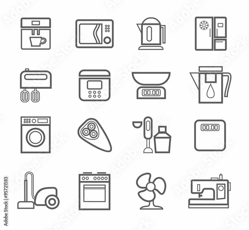 Household appliances, icons, line, white background. 