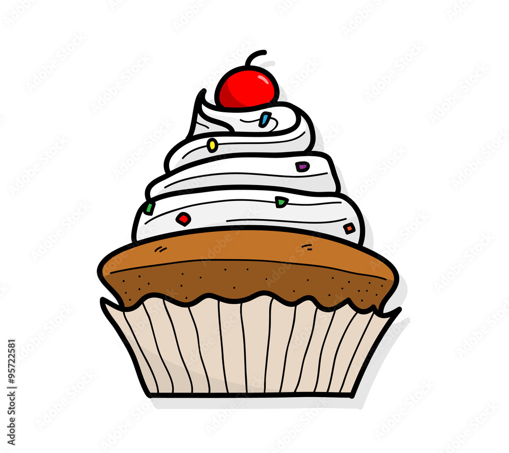 Cupcake, a hand drawn vector illustration of a cupcake with cherry on top. Cupcake, a hand drawn vector illustration of a cupcake with cherry on top.